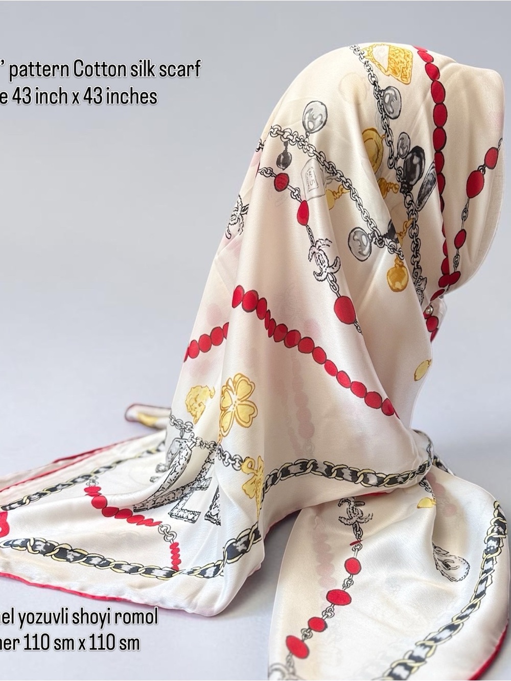 Elegant Cream Cotton-Silk Scarf with Red & Gold Chain Print